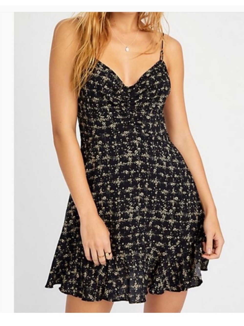 Free People Caught Up Ditsy Floral Spaghetti-Strap Mini Dress in Black